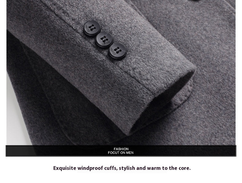 MannerCo men's gray wool overcoat cuff detail with three decorative buttons close-up