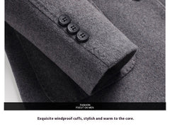 MannerCo men's gray wool overcoat cuff detail with three decorative buttons close-up