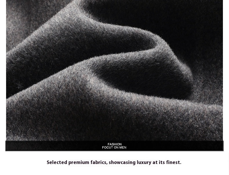 Close-up of premium double-faced wool fabric in gray for MannerCo men's stand collar overcoat