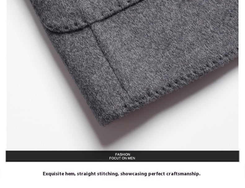 MannerCo men's wool overcoat gray straight stitching and hem craftsmanship detail close-up