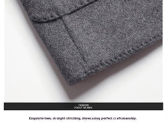 MannerCo men's wool overcoat gray straight stitching and hem craftsmanship detail close-up