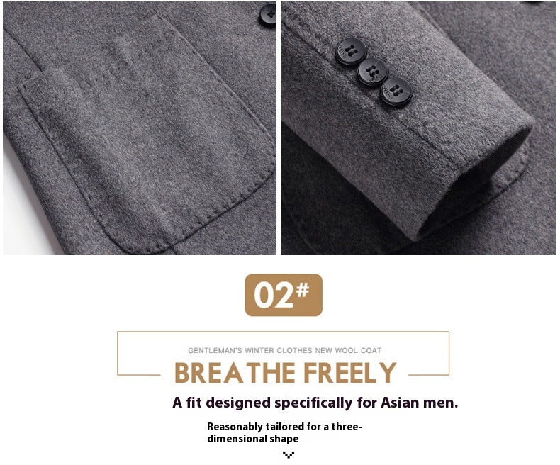 MannerCo men's gray wool overcoat patch pocket and three-button sleeve cuff close-up detail