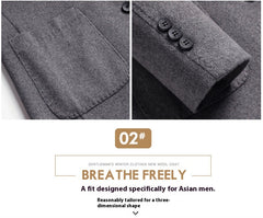 MannerCo men's gray wool overcoat patch pocket and three-button sleeve cuff close-up detail