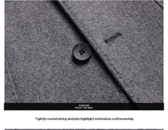 MannerCo men's wool overcoat black button and precise stitching on light gray fabric detail