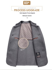 MannerCo men's wool overcoat interior showing geometric patterned lining and inner pocket detail