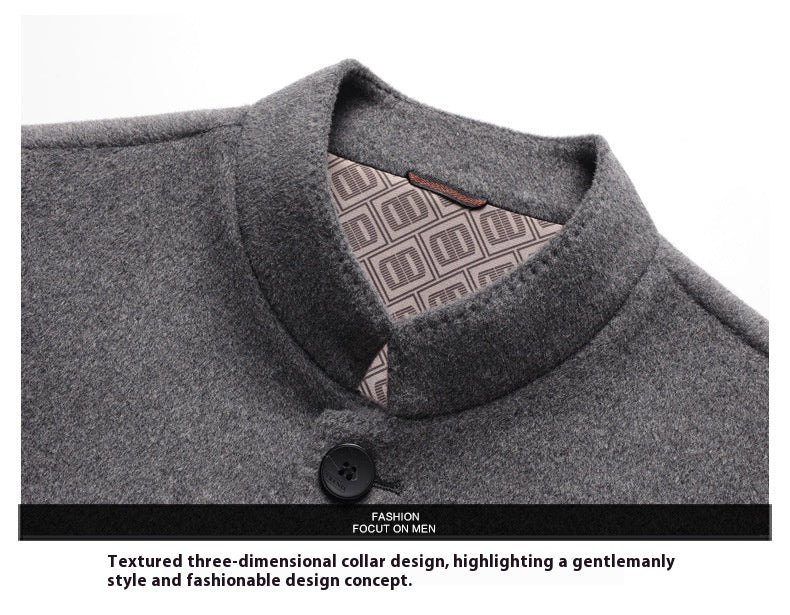 MannerCo men's wool overcoat stand collar detail with geometric lining and button closure light gray