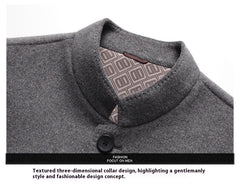 MannerCo men's wool overcoat stand collar detail with geometric lining and button closure light gray
