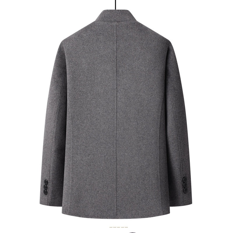 MannerCo men's gray double-faced wool overcoat stand collar back view product display