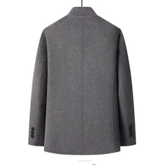 MannerCo men's gray double-faced wool overcoat stand collar back view product display