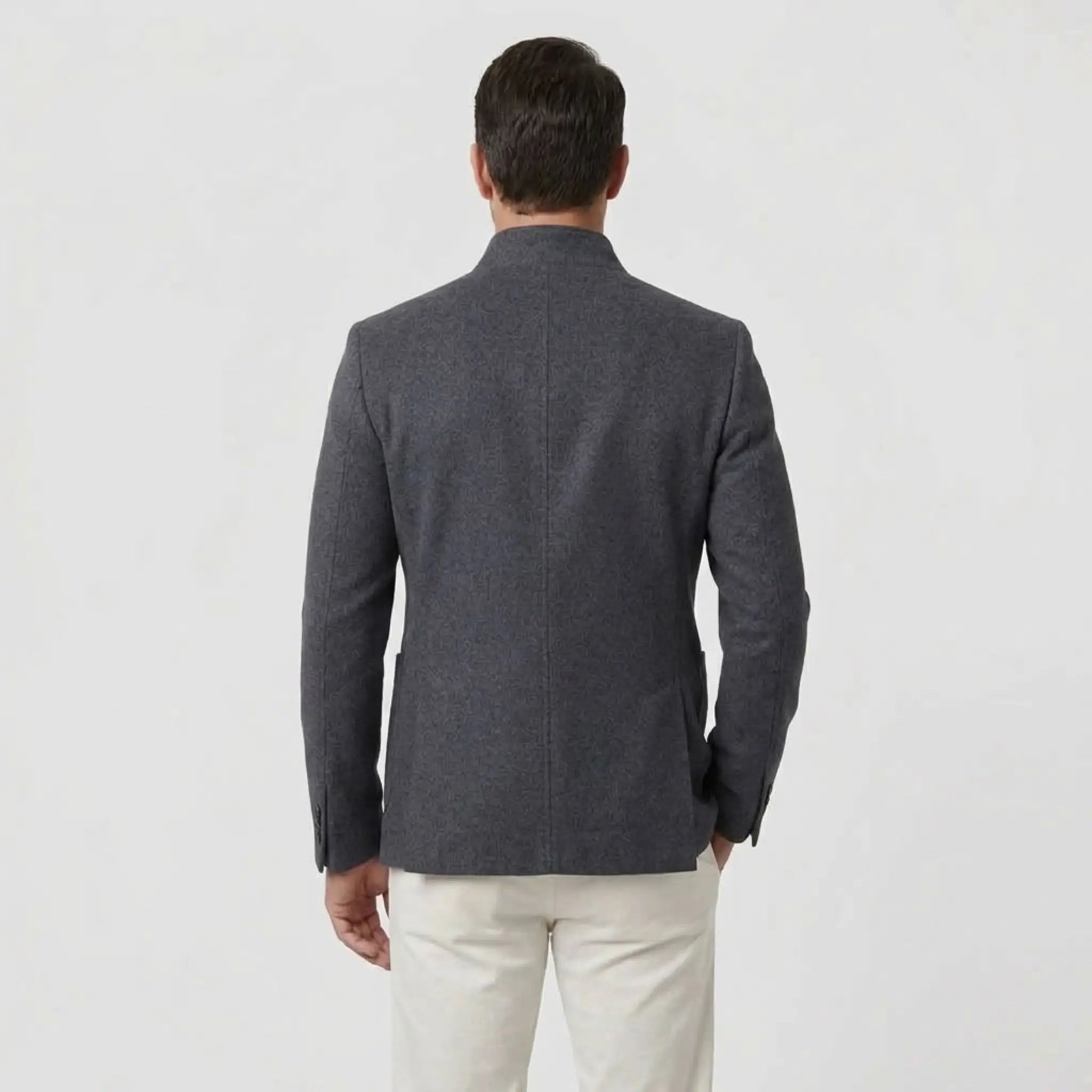 MannerCo men's gray double-faced wool overcoat stand collar back view on male model 2