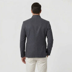 MannerCo men's gray double-faced wool overcoat stand collar back view on male model 2