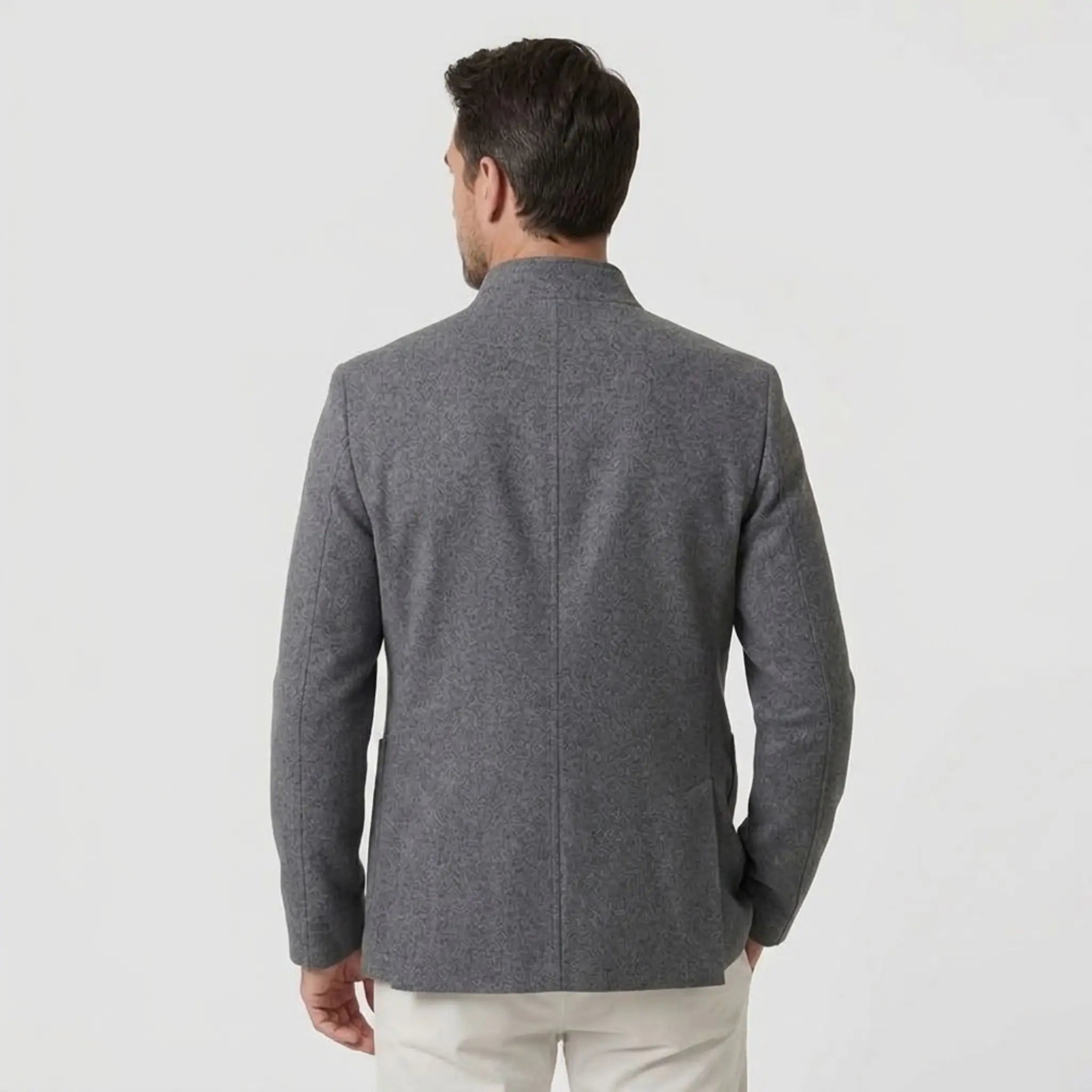 MannerCo men's gray double-faced wool overcoat with stand collar back view on male model