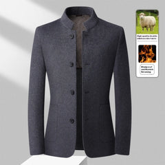 MannerCo men's gray double-faced wool overcoat with stand collar and button closure product display
