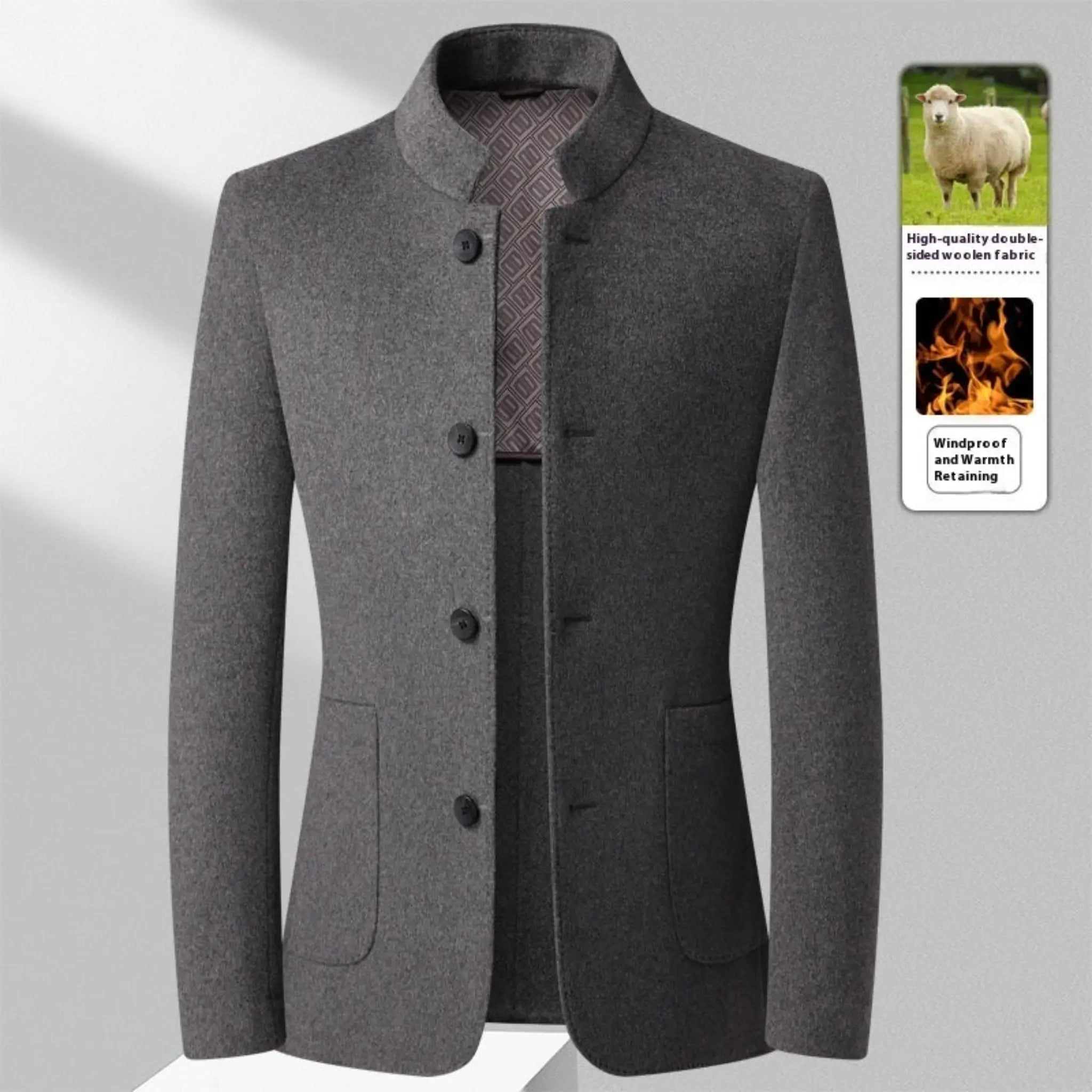 MannerCo men's gray double-faced wool overcoat stand collar button front two patch pockets display