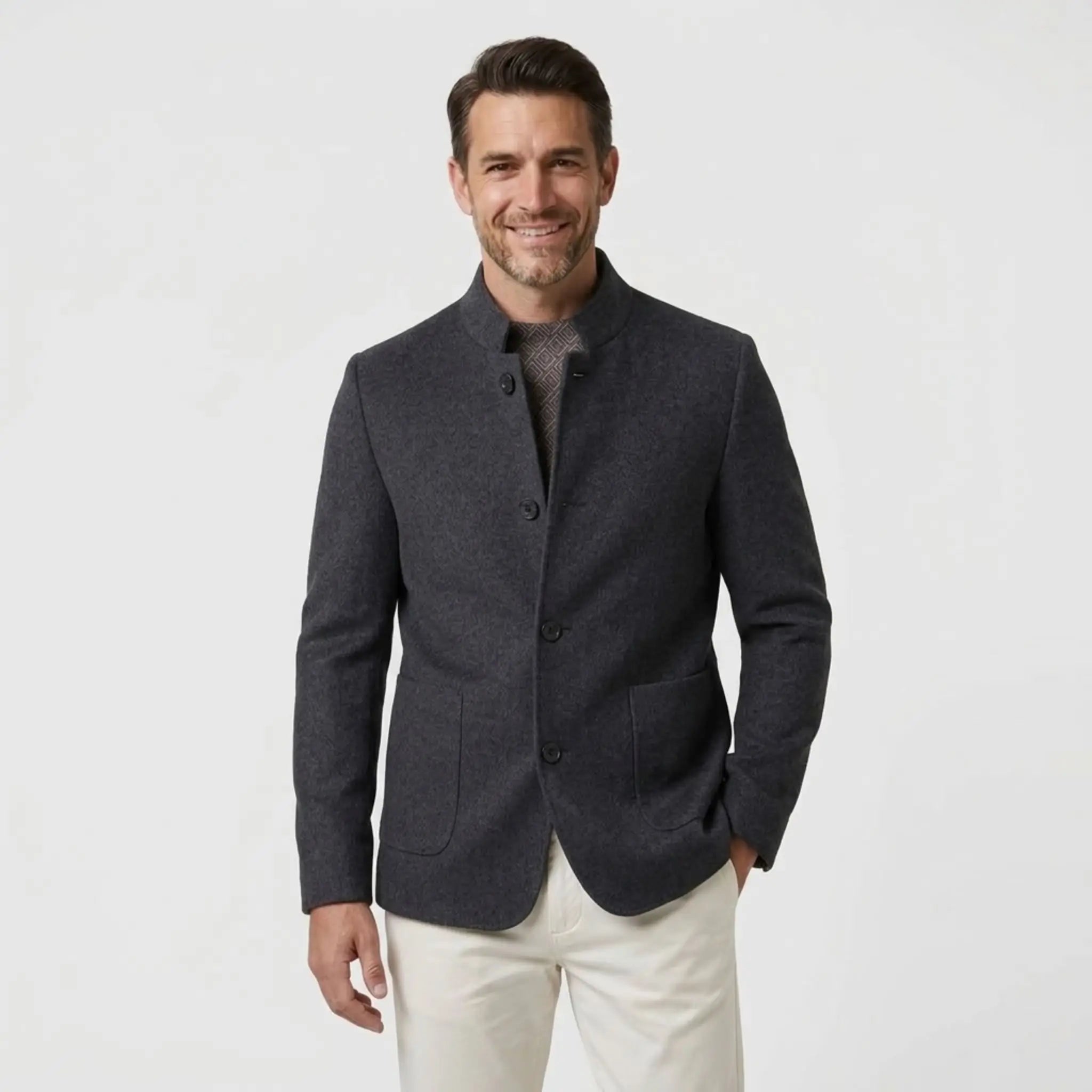 MannerCo men's gray double-faced wool overcoat with stand collar styled with cream trousers