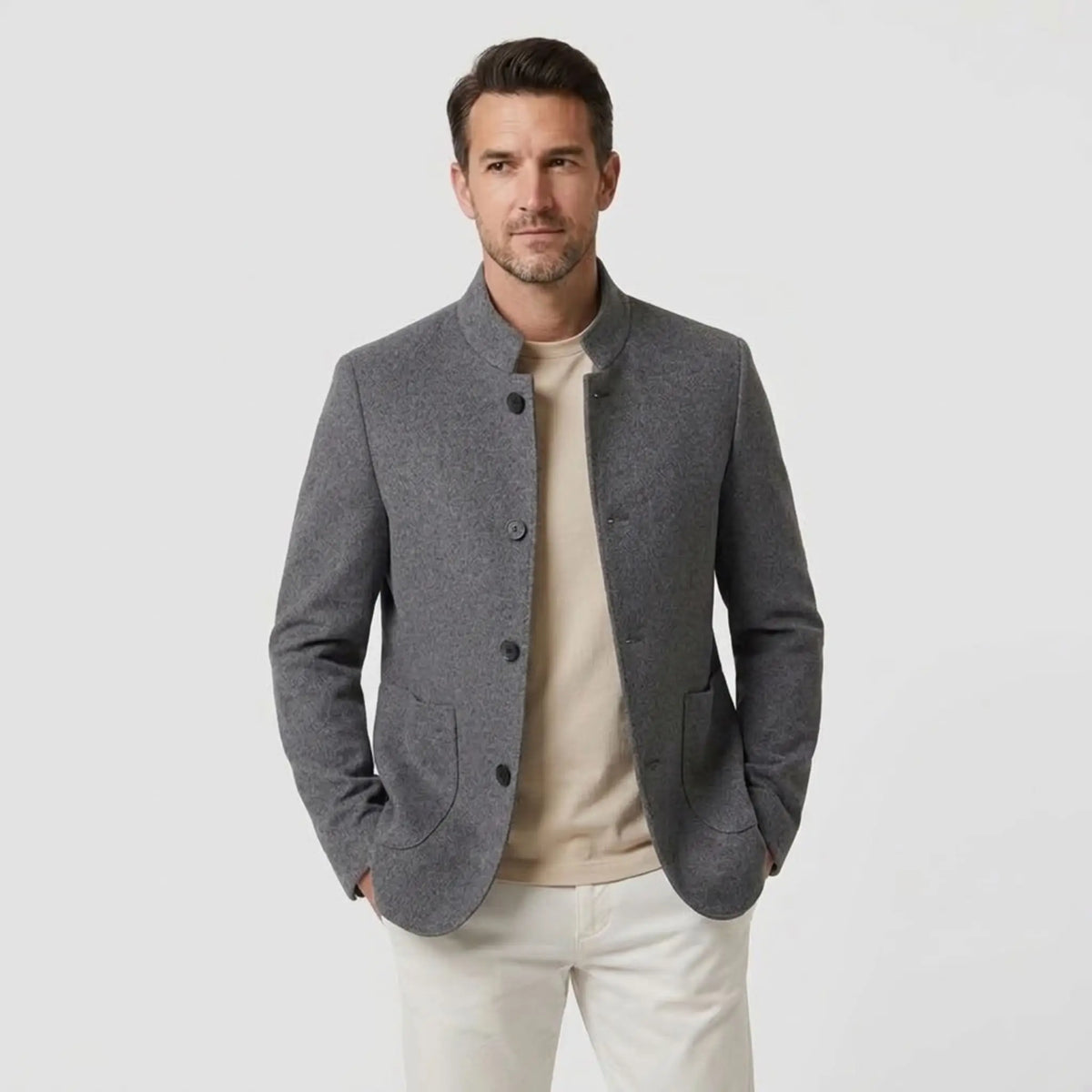 MannerCo men's gray double-faced wool overcoat with stand collar and button closure styled with cream tee