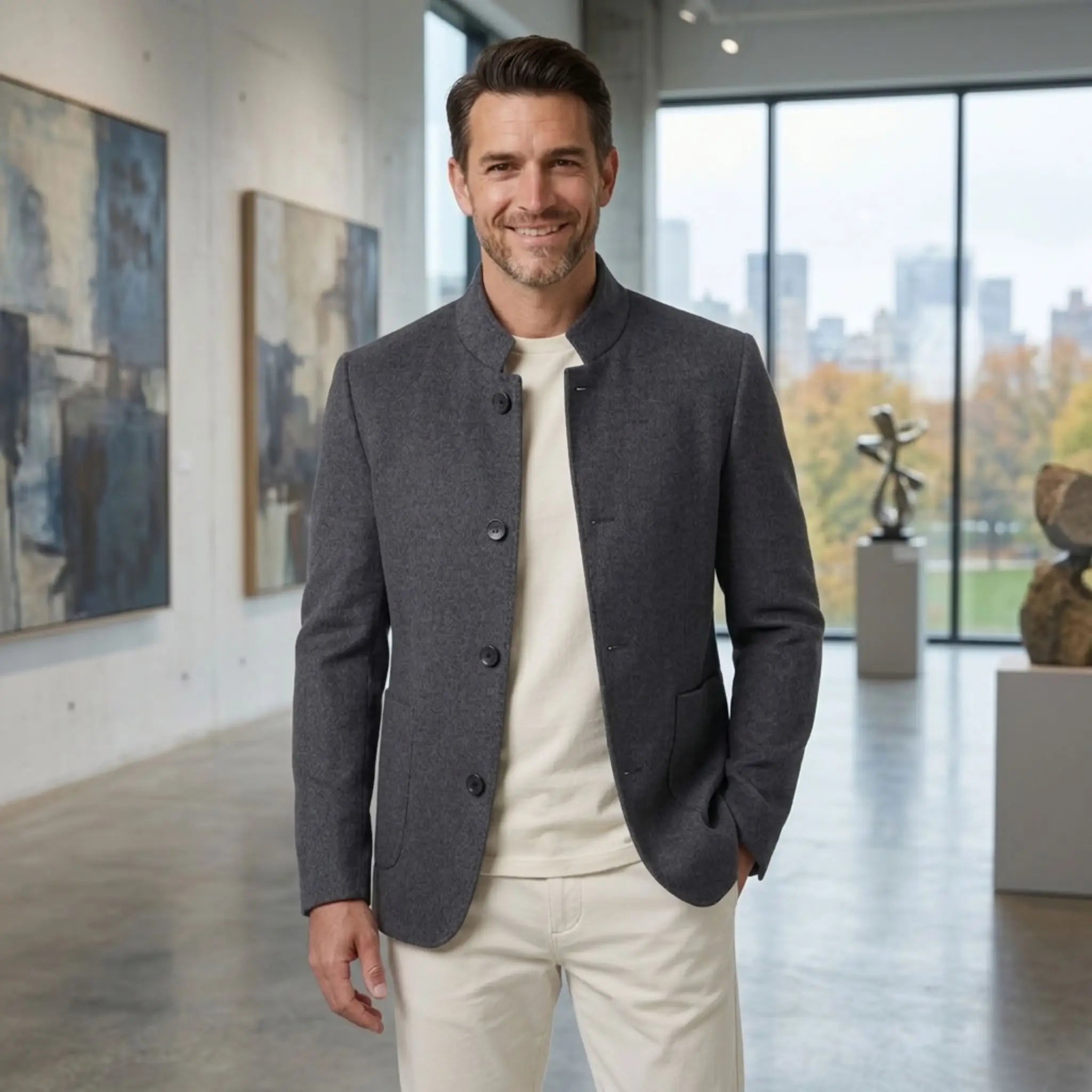 MannerCo men's gray double-faced wool overcoat with stand collar worn in art gallery lifestyle indoor