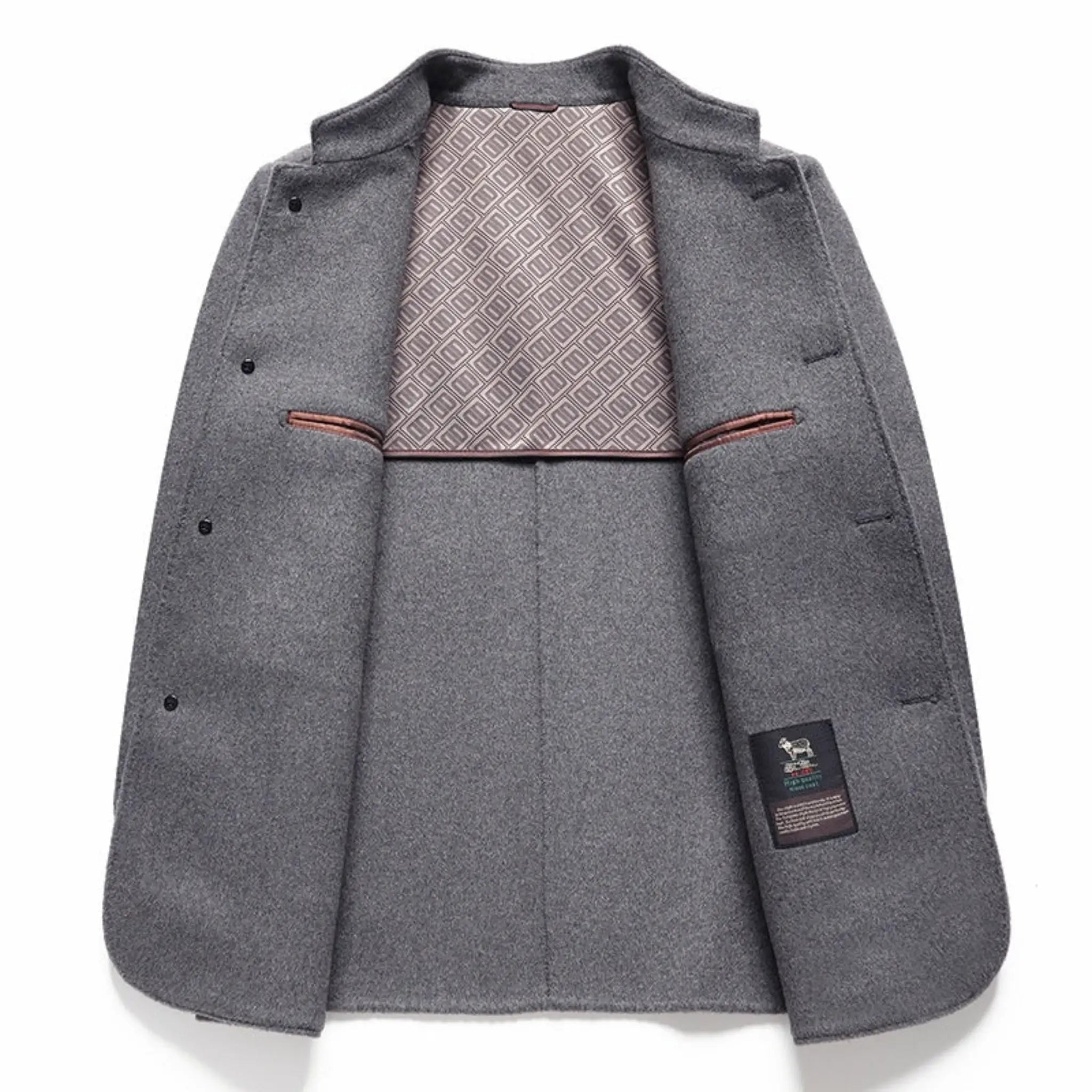 MannerCo men's gray double-faced wool overcoat open front showing patterned interior lining display