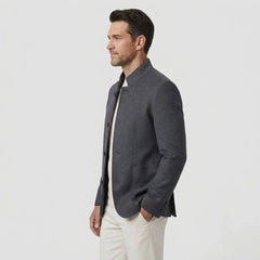 MannerCo men's gray double-faced wool overcoat with stand collar and button closure side view 2