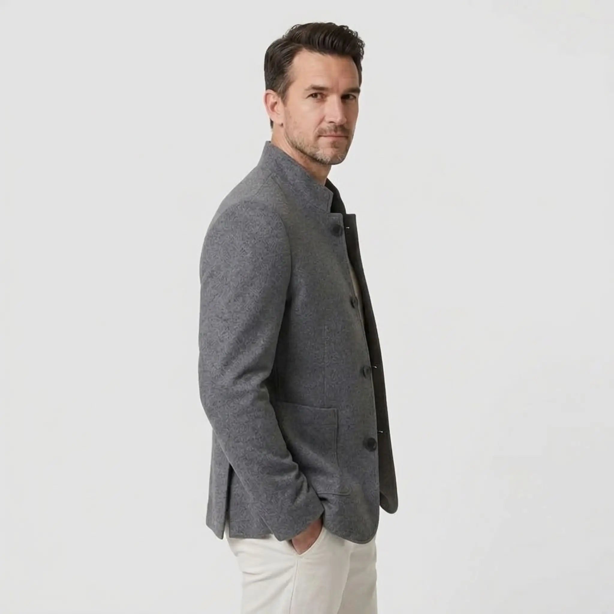 MannerCo men's gray double-faced wool overcoat with stand collar and button closure side view
