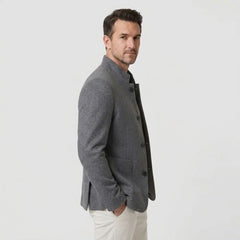 MannerCo men's gray double-faced wool overcoat with stand collar and button closure side view