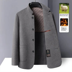MannerCo men's light gray double-faced wool overcoat stand collar button front patterned lining display