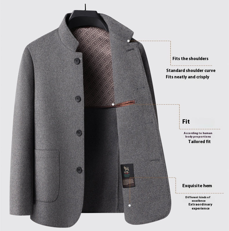 MannerCo men's light gray double-faced wool overcoat stand collar button front open showing lining