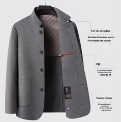 MannerCo men's light gray double-faced wool overcoat stand collar button front open showing lining