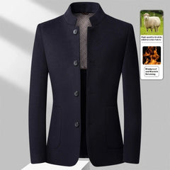 MannerCo men's navy blue double-faced wool overcoat stand collar button closure mid-length display