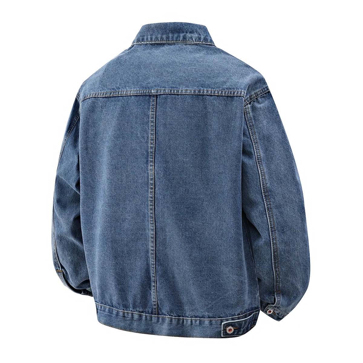 Mid blue denim jacket back view