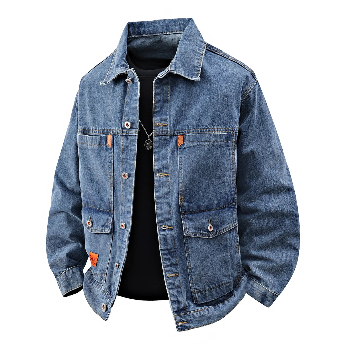 Mid blue relaxed fit workwear denim jacket with utility pockets