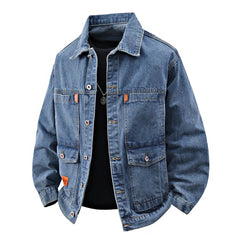 Mid blue relaxed fit workwear denim jacket with utility pockets