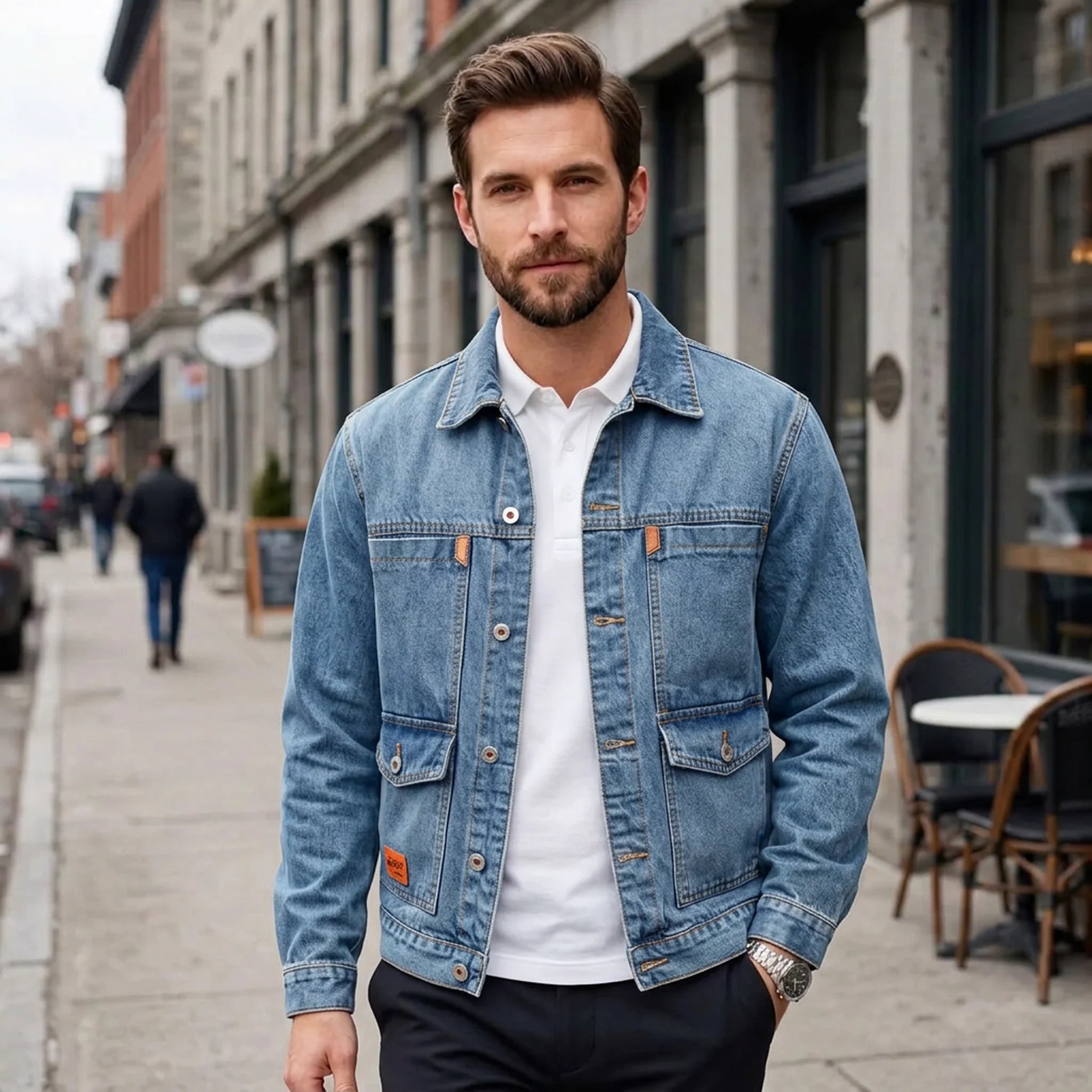 Man wearing mid blue denim jacket with white tee on a city street