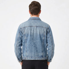 Mid blue workwear denim jacket on model, back view