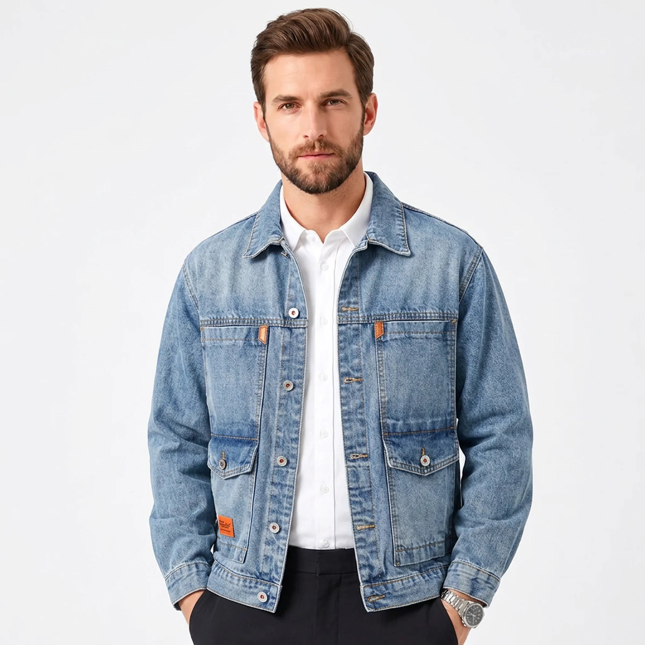 Mid blue relaxed fit workwear denim jacket on model, front view