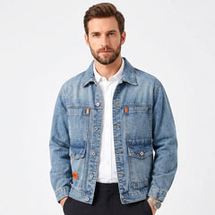 Mid blue relaxed fit workwear denim jacket on model, front view