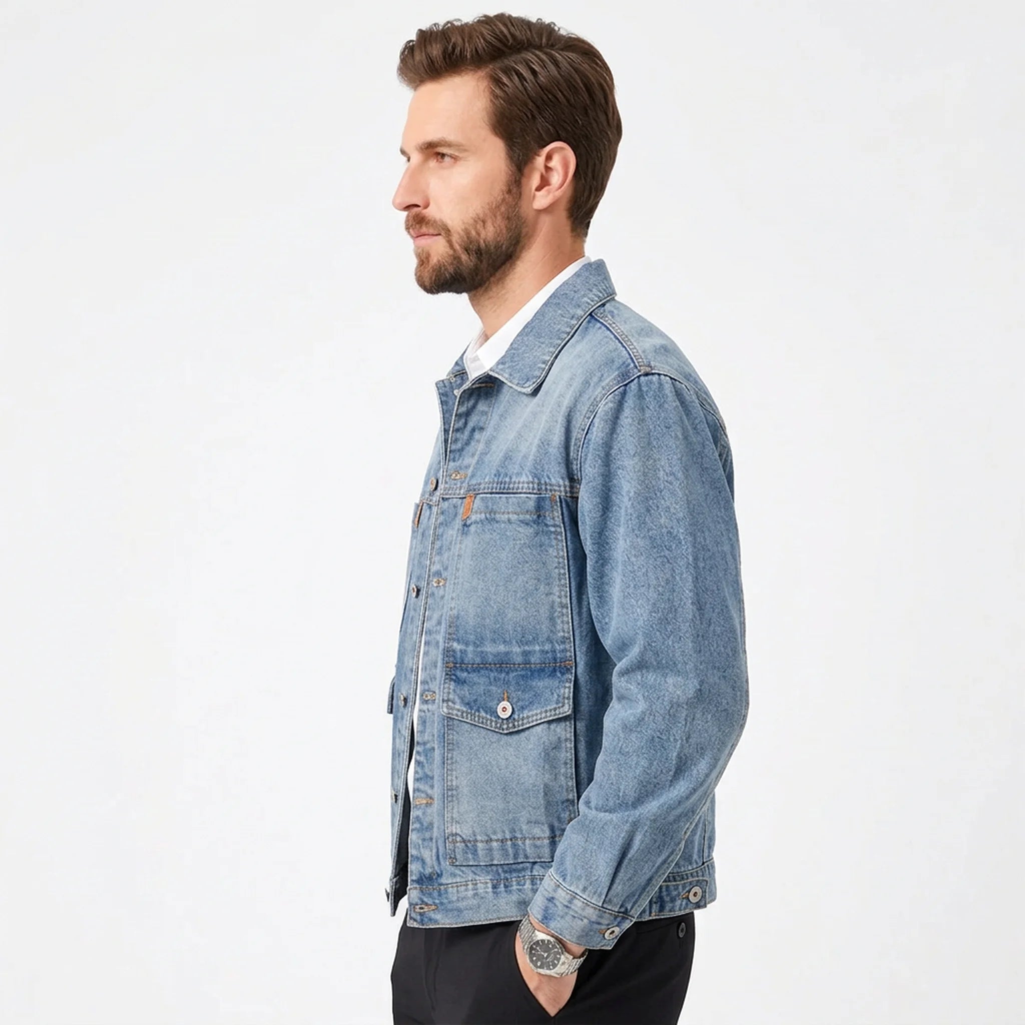 Mid blue workwear denim jacket on model, side view
