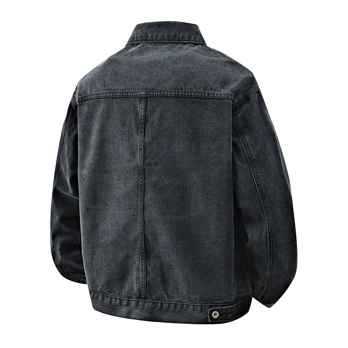 Washed black denim jacket back view
