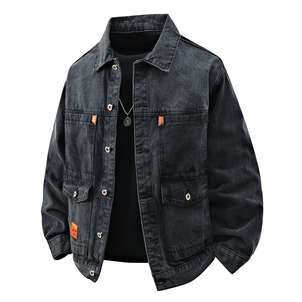 Washed black workwear denim jacket with utility pockets, front view