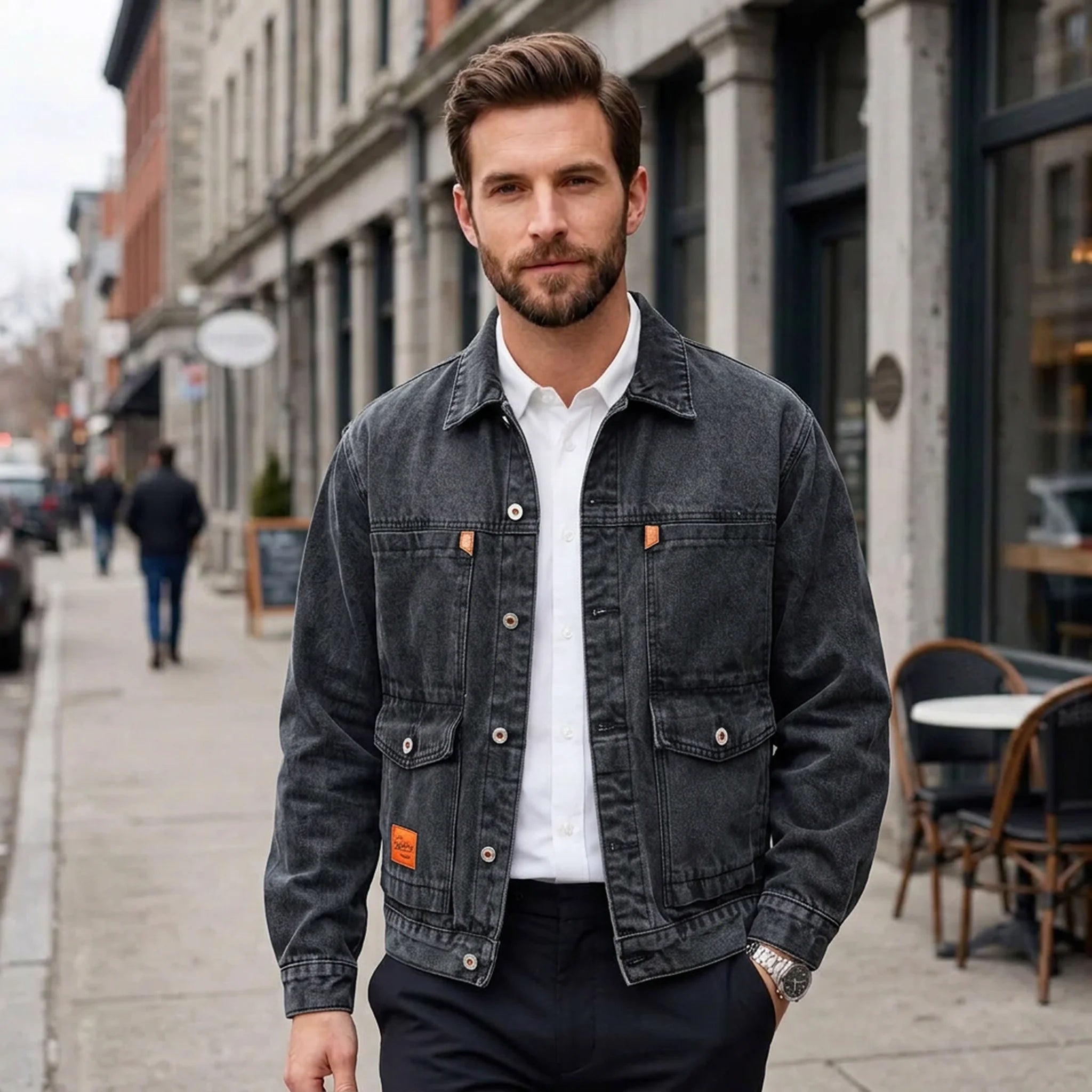 Man wearing washed black denim jacket with white shirt on a city street