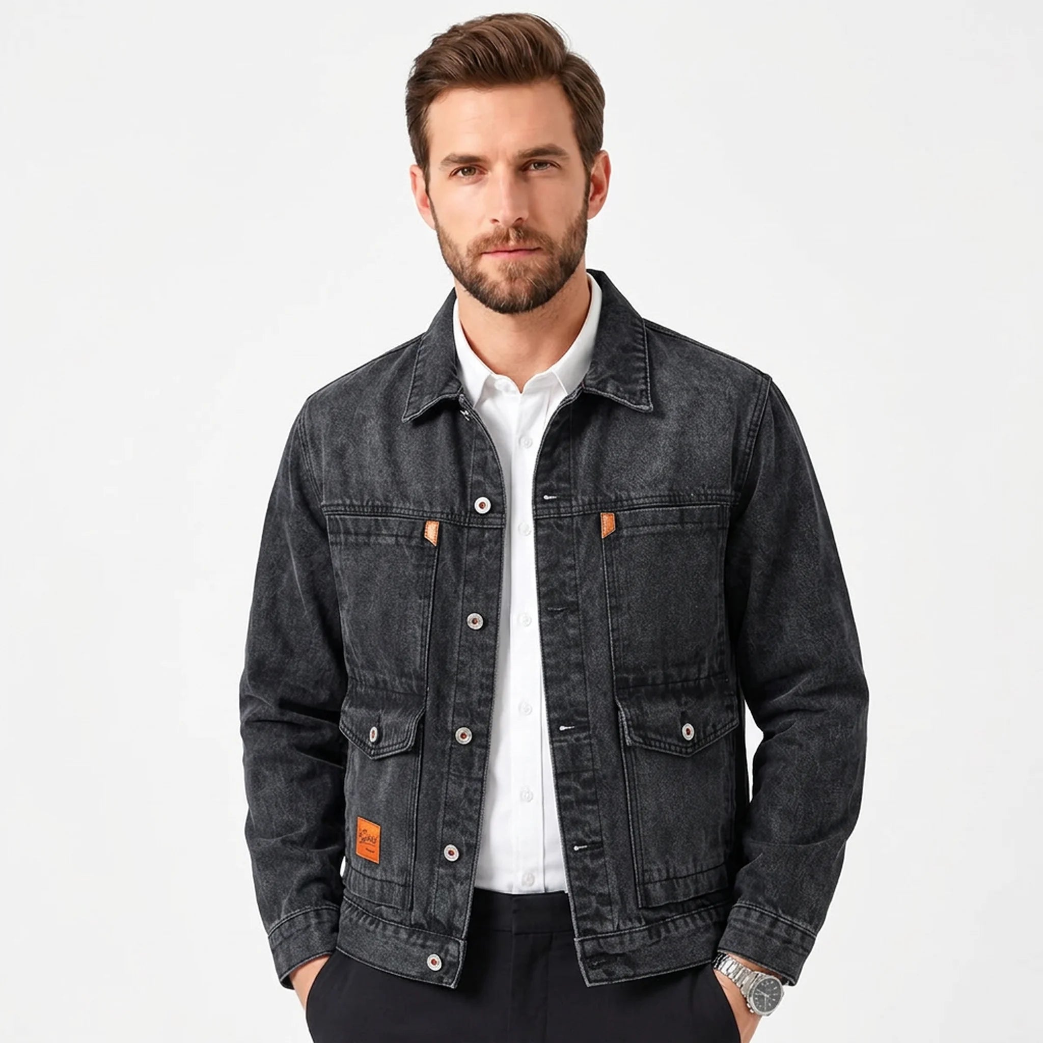 MannerCo men's washed black relaxed fit workwear denim jacket over a white shirt, front view