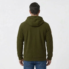 MannerCo men's army green zip-up fleece hoodie, back view