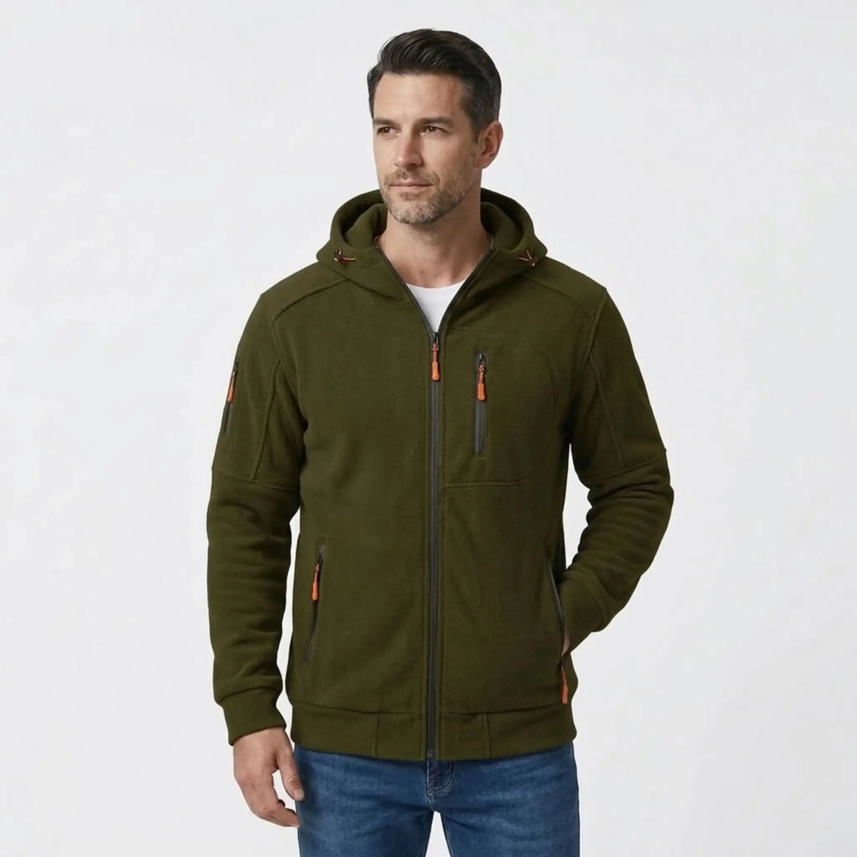 MannerCo men's army green zip-up fleece hoodie, front view on model with jeans