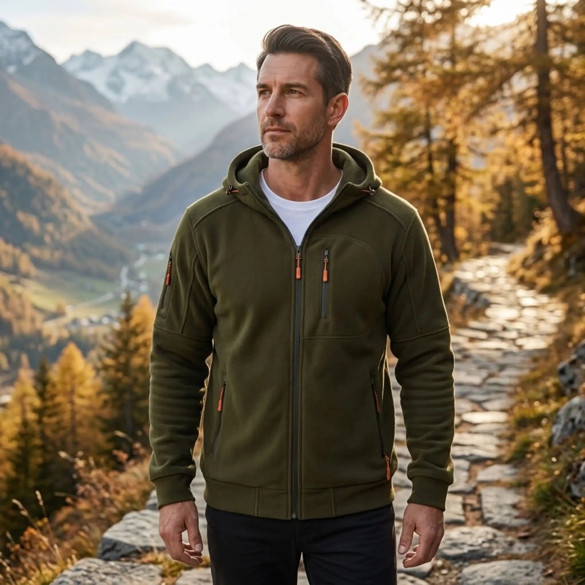 MannerCo army green fleece hoodie worn on an autumn mountain trail