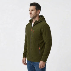 MannerCo men's army green zip-up fleece hoodie, side view showing hood and zip pocket