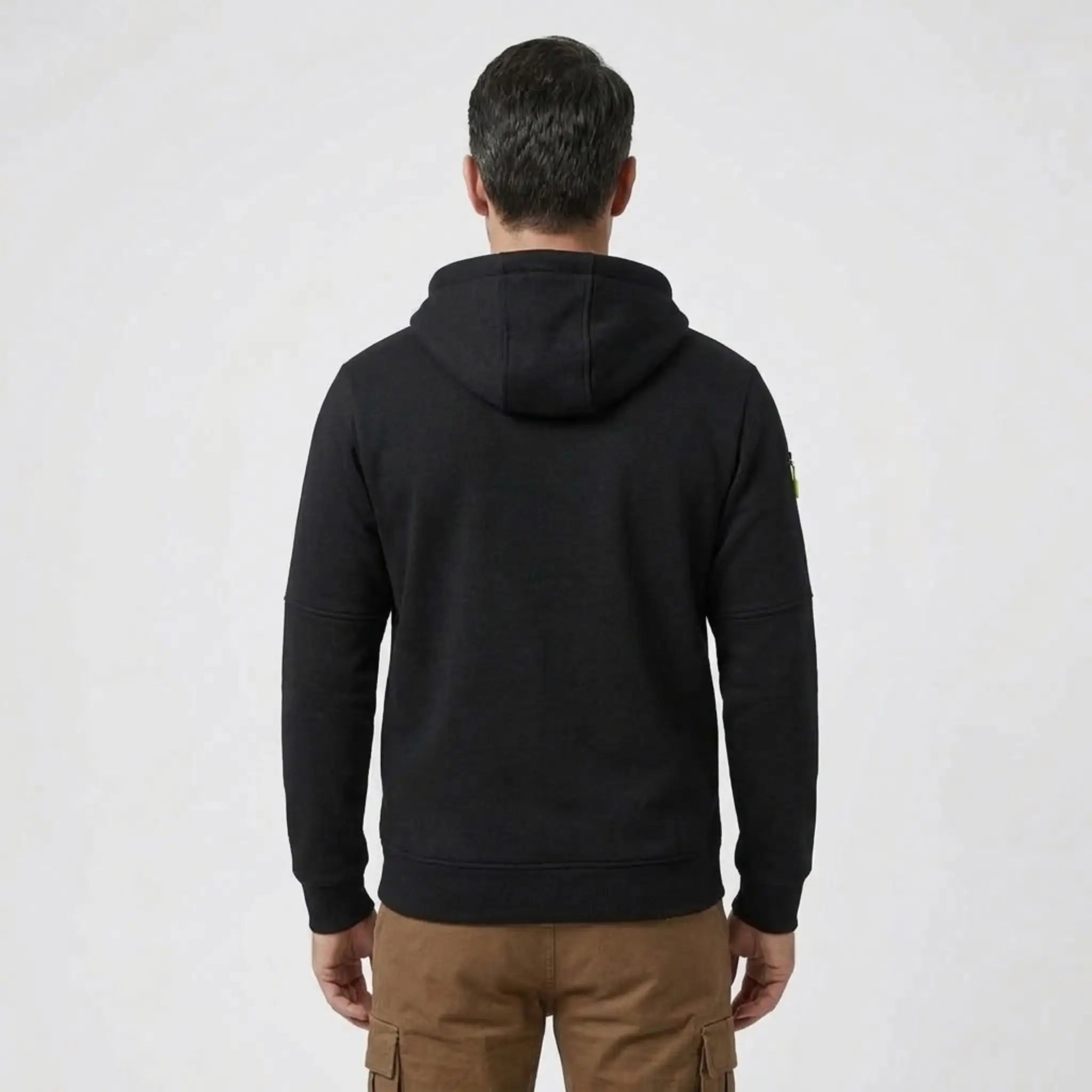 MannerCo men's black zip-up fleece hoodie, back view showing hood