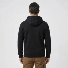MannerCo men's black zip-up fleece hoodie, back view showing hood