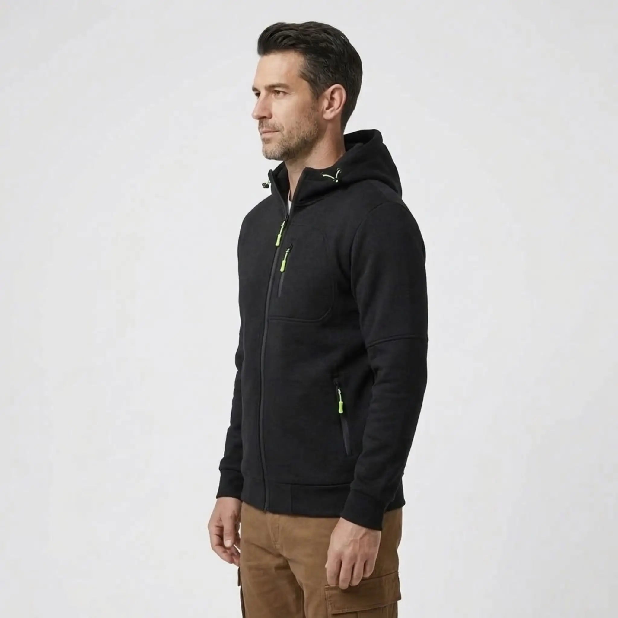 MannerCo men's black zip-up fleece hoodie, side view