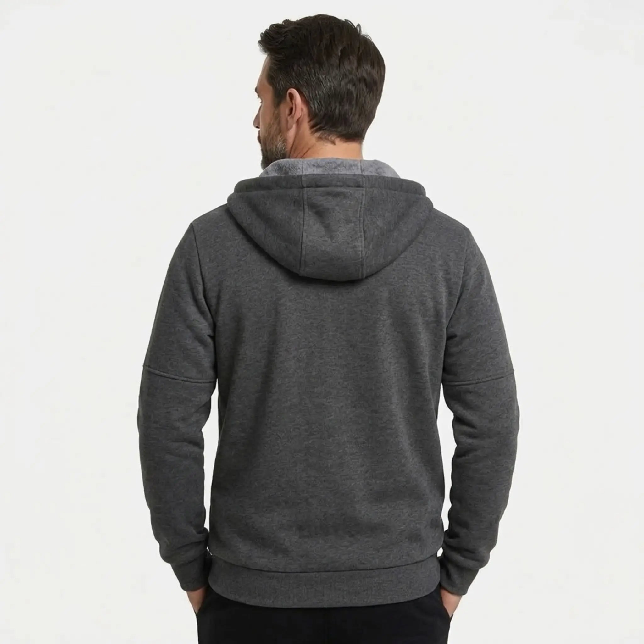 MannerCo men's dark grey zip-up fleece hoodie, back view