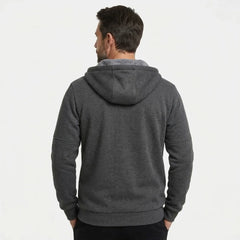 MannerCo men's dark grey zip-up fleece hoodie, back view